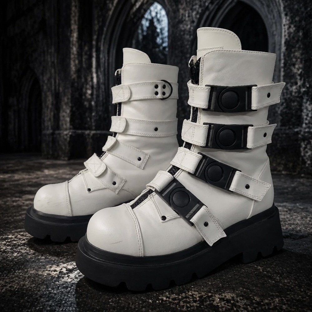 Démonia Renegade 55 White With Black Boots. Gothic Punk Women's US 9